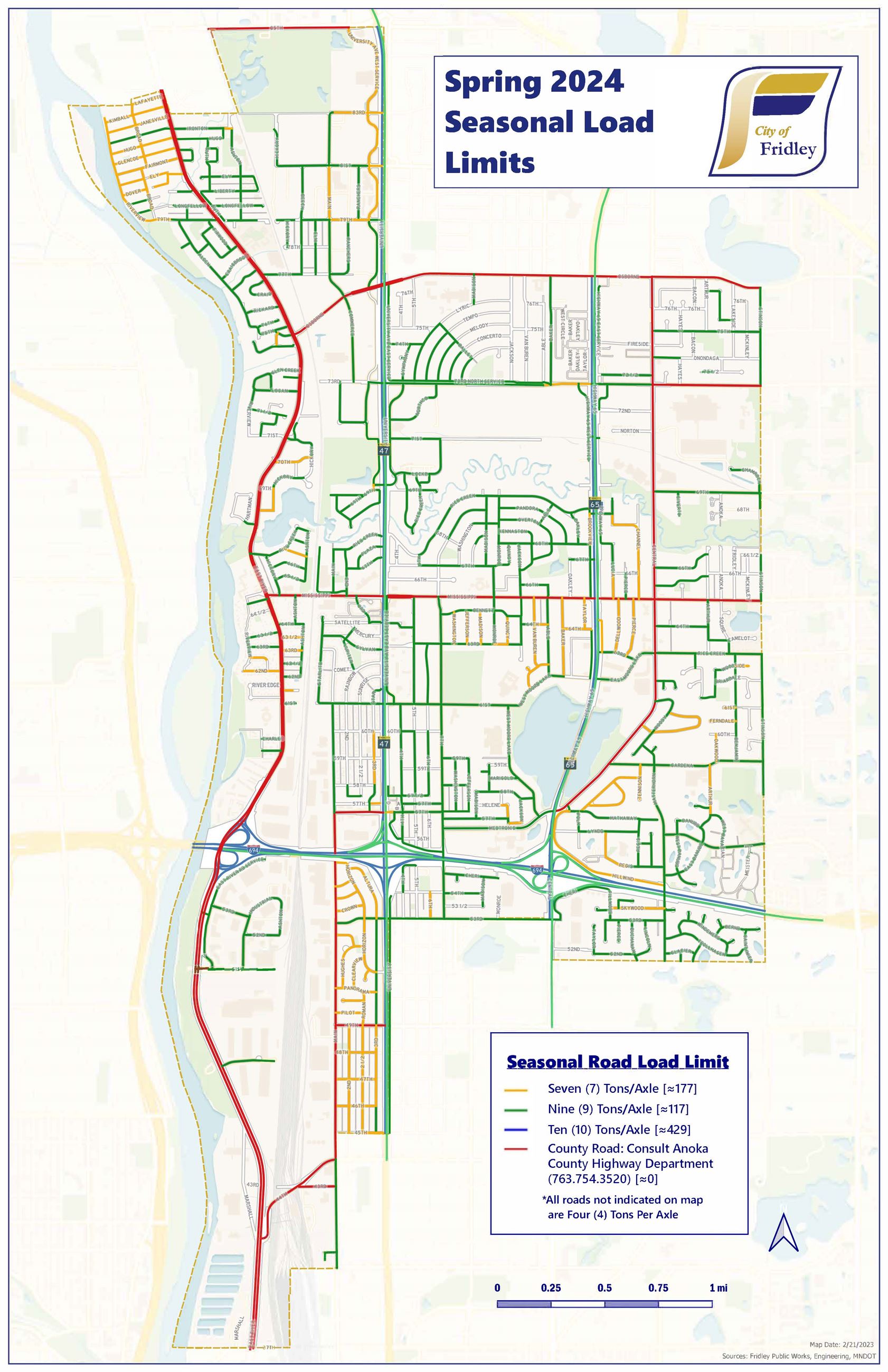 Map of Fridley with seasonal load limits marked on the roads